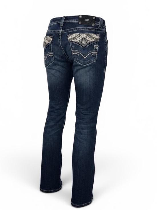 Miss Me Denim - Miss Me Dark Blue Faded Boot Jeans Bling Stretch Slightly Distressed | GUC